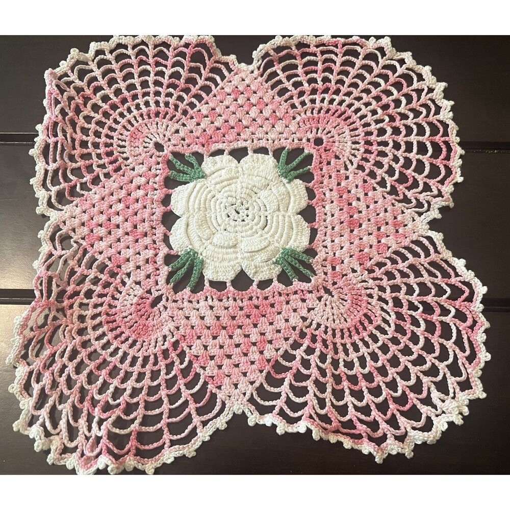 Handmade Pink & White Hand Crocheted Floral Doily w/ Raised Rose Center